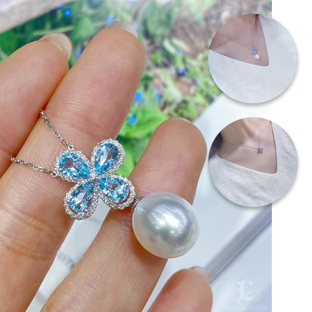 Grezzo Ciondolo a forma di fiore convertibile con perle dei mari del Sud e acquamarina in vendita