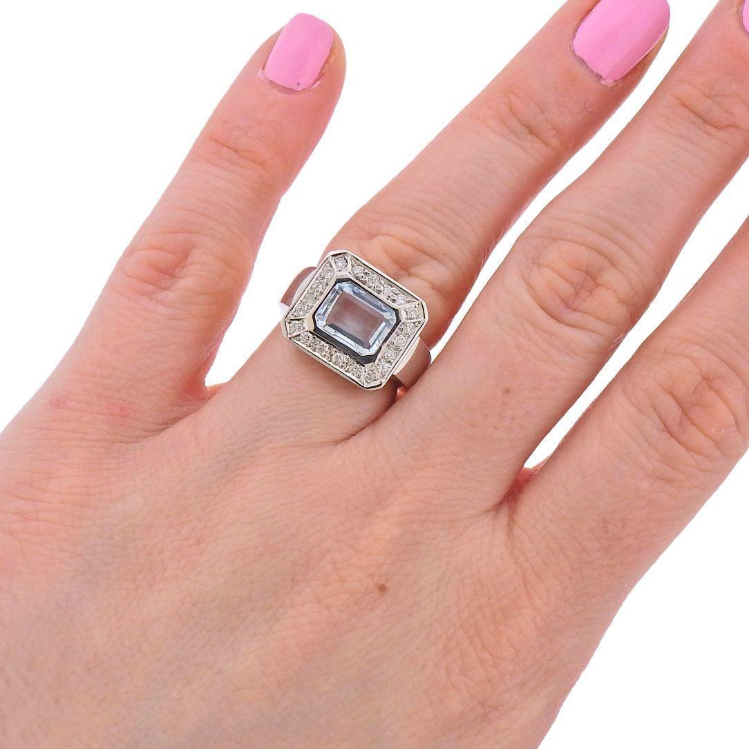 Radiant Cut 18 Karat Gold Diamond 1.63 Carat Aquamarine Ring For Sale