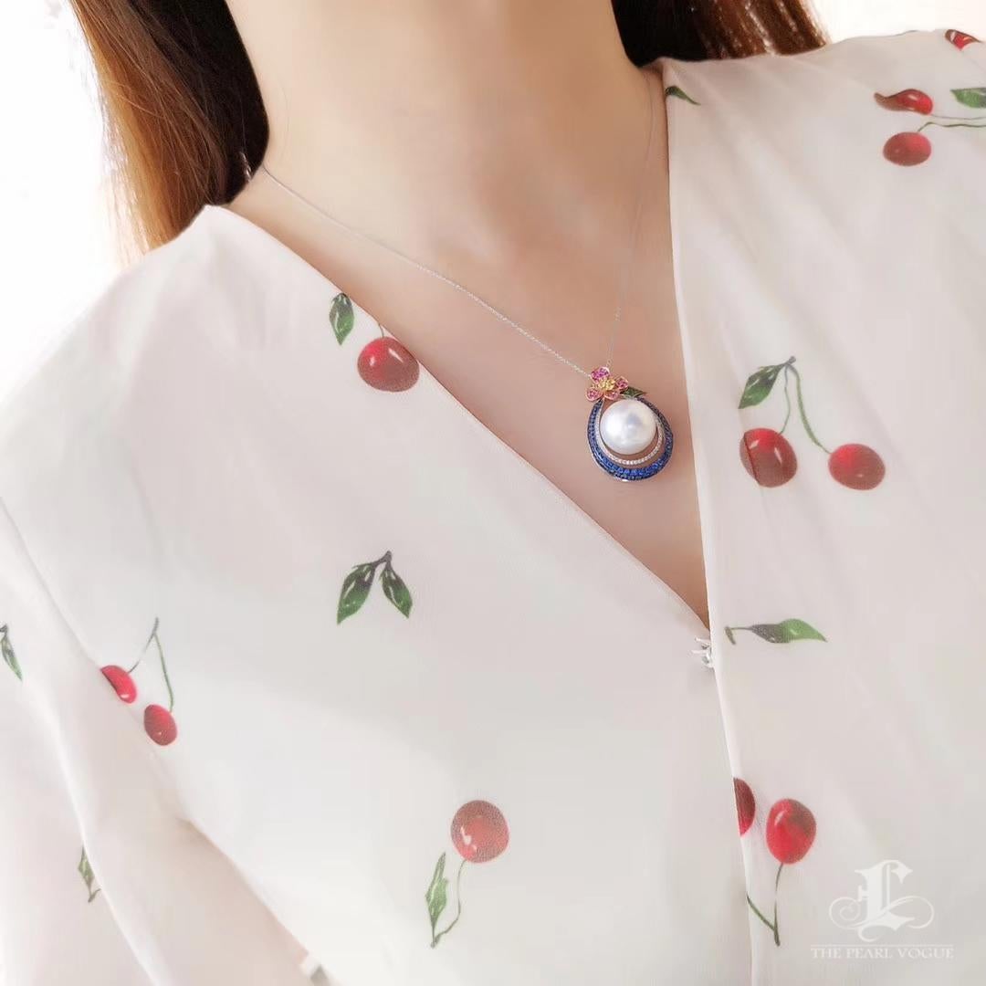 Uncut 【Vine Symphony】Blossom Orbit Aurora 15-16mm South Sea Pearl Sapphire Pendant For Sale
