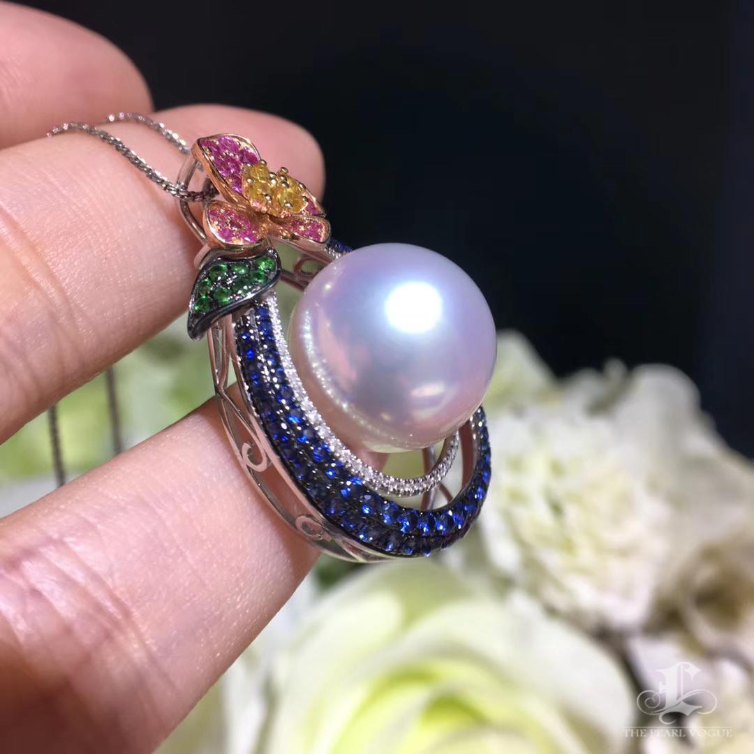 Women's 【Vine Symphony】Blossom Orbit Aurora 15-16mm South Sea Pearl Sapphire Pendant For Sale