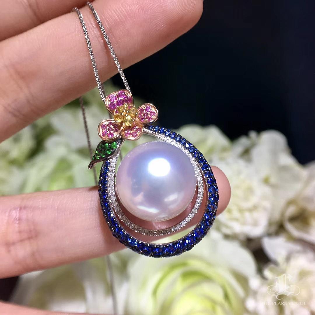 【Vine Symphony】Blossom Orbit Aurora 15-16mm South Sea Pearl Sapphire Pendant For Sale 1