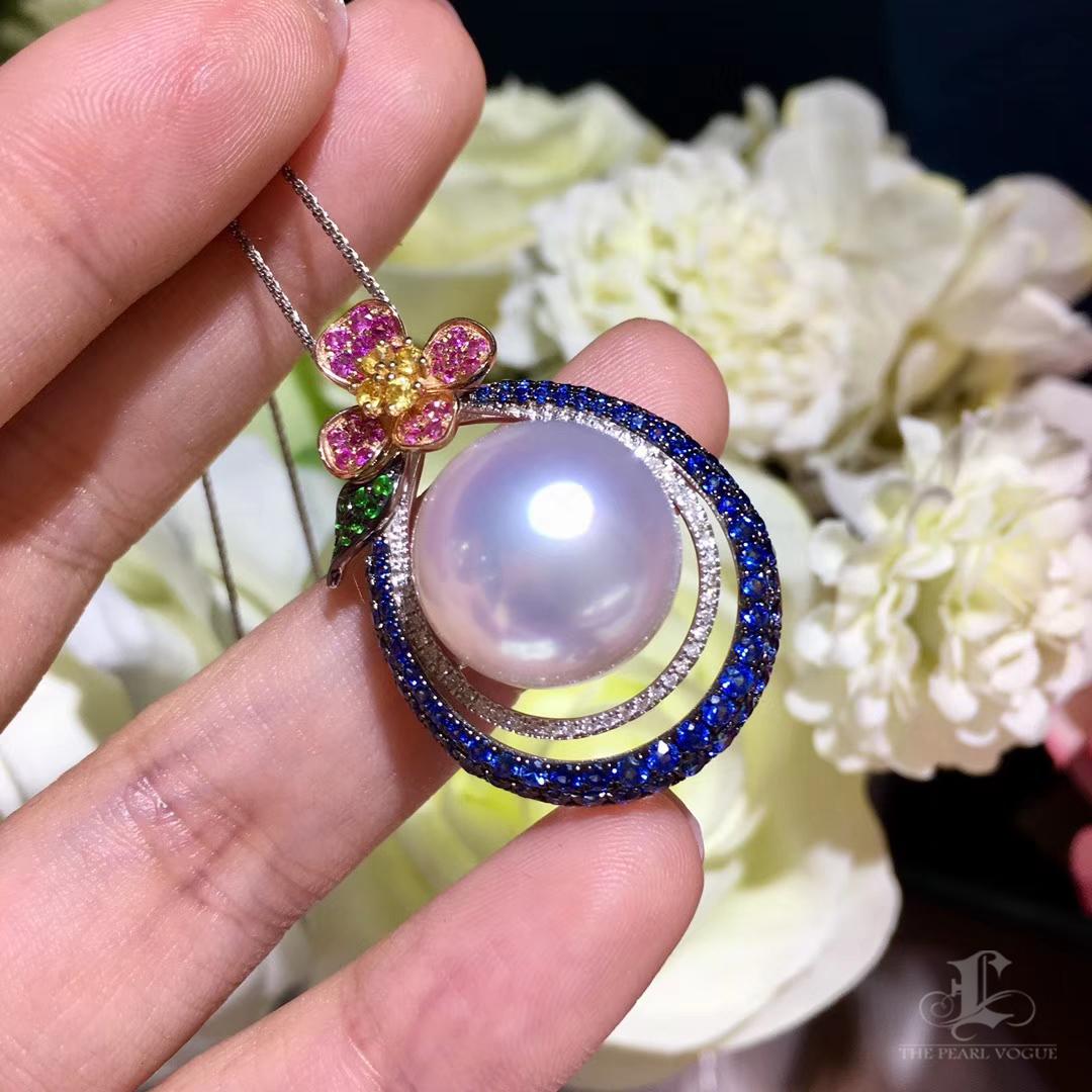 【Vine Symphony】Blossom Orbit Aurora 15-16mm South Sea Pearl Sapphire Pendant For Sale 3