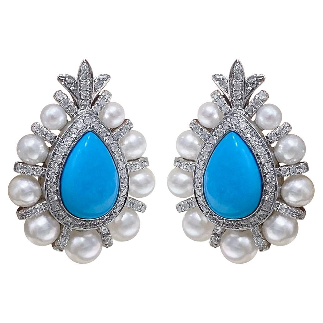 【Caelmare】Royal Crest Turquoise & Pearl Medallion Earrings For Sale