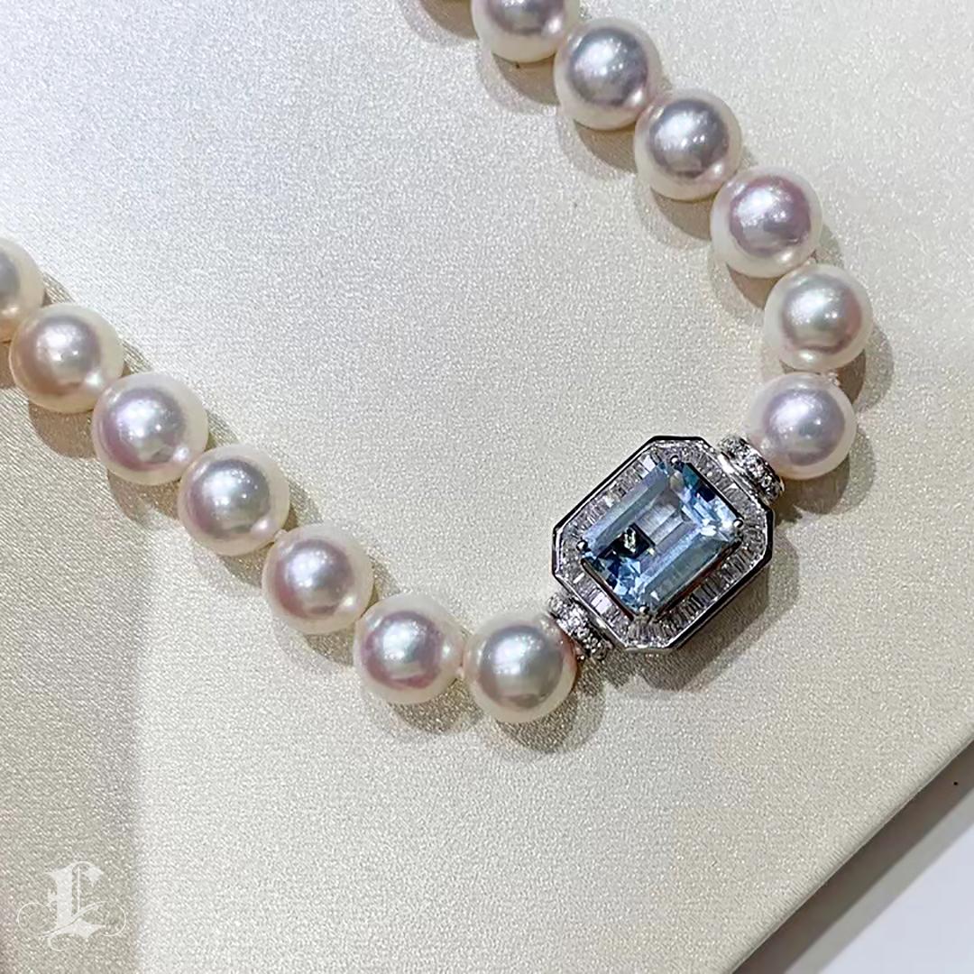 Geometria Scolpita】Collana Art Deco di Acquamarina Aurora Perla Akoya Diamante in vendita 1