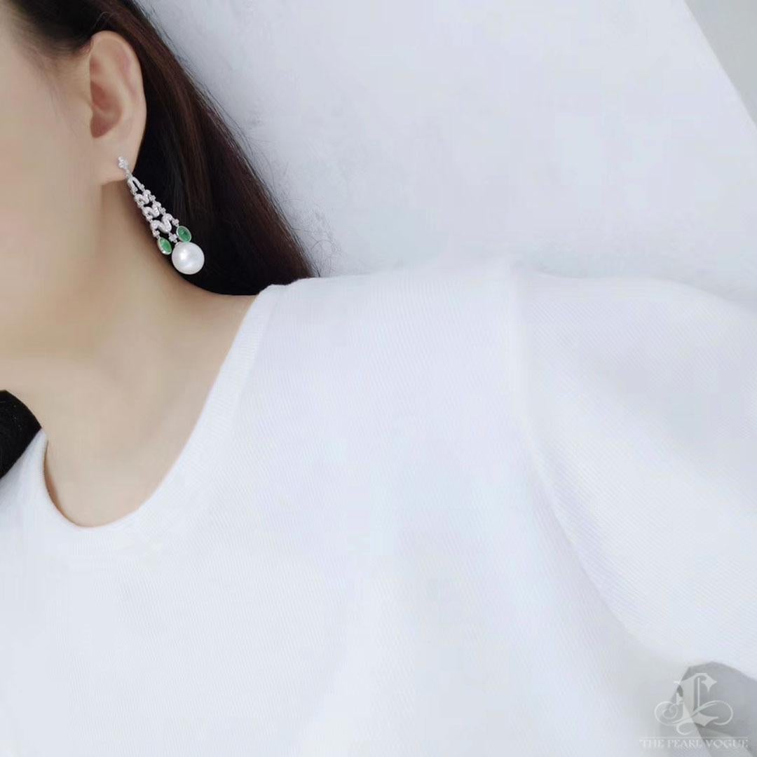 Uncut 【Crown Radiance】Imperial Arch ASouth Sea Pearl Emerald Diamond Dangle Earrings For Sale