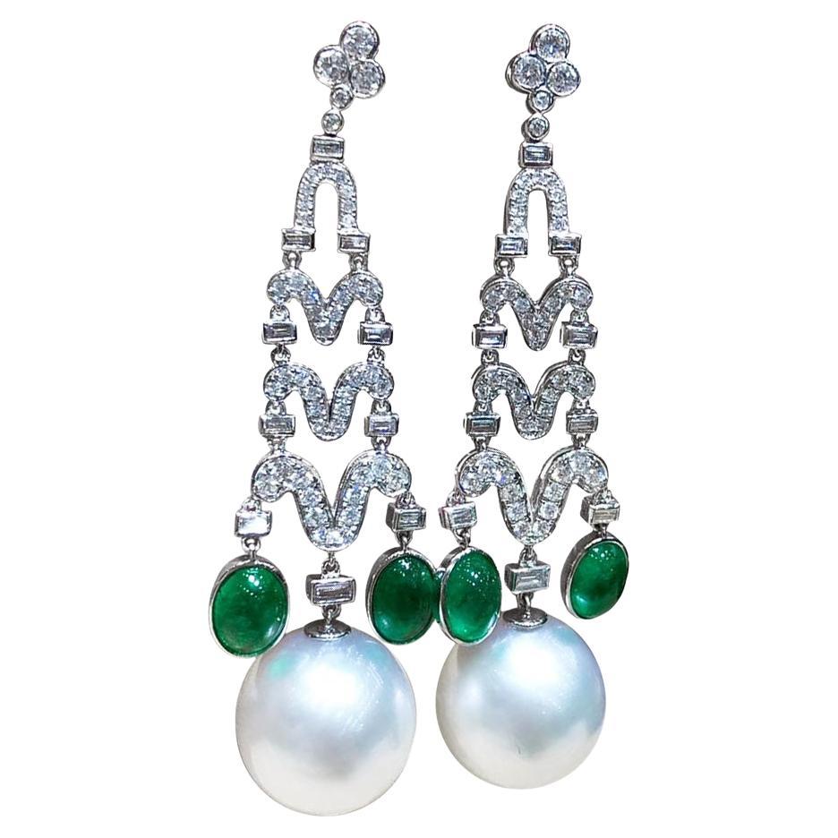 【Crown Radiance】Imperial Arch ASouth Sea Pearl Emerald Diamond Dangle Earrings For Sale