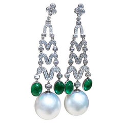 【Crown Radiance】Imperial Arch ASouth Sea Pearl Emerald Diamond Dangle Earrings