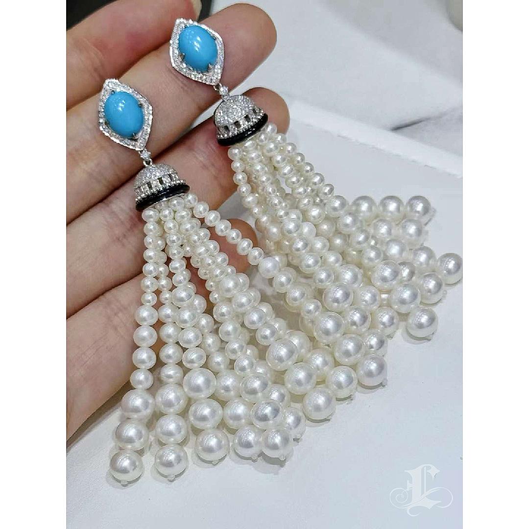CELMA - Orecchini con nappe in turchese e diamanti a velo d'imperatrice In condizioni Nuovo in vendita a New York, NY
