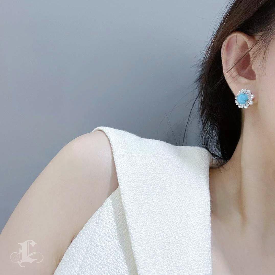 Uncut 【Caelmare】Summer Radiance Turquoise & Pearl Blossom Earrings For Sale