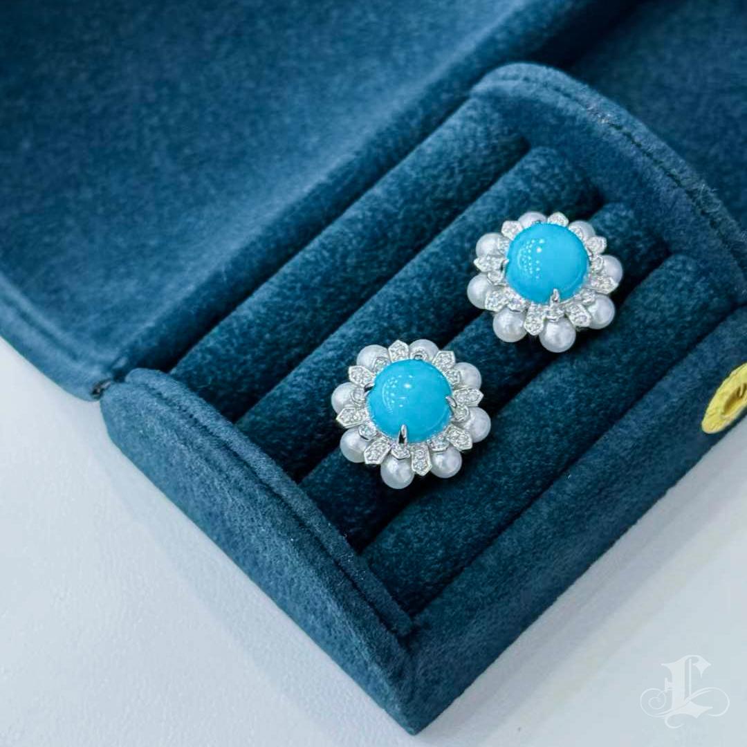 Women's 【Caelmare】Summer Radiance Turquoise & Pearl Blossom Earrings For Sale