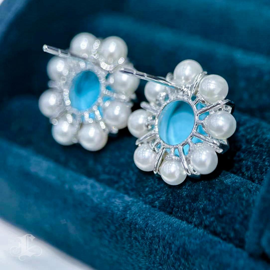 【Caelmare】Summer Radiance Turquoise & Pearl Blossom Earrings For Sale 1