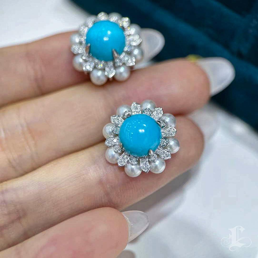 【Caelmare】Summer Radiance Turquoise & Pearl Blossom Earrings For Sale 2