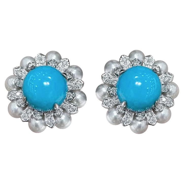【Caelmare】Summer Radiance Turquoise & Pearl Blossom Earrings