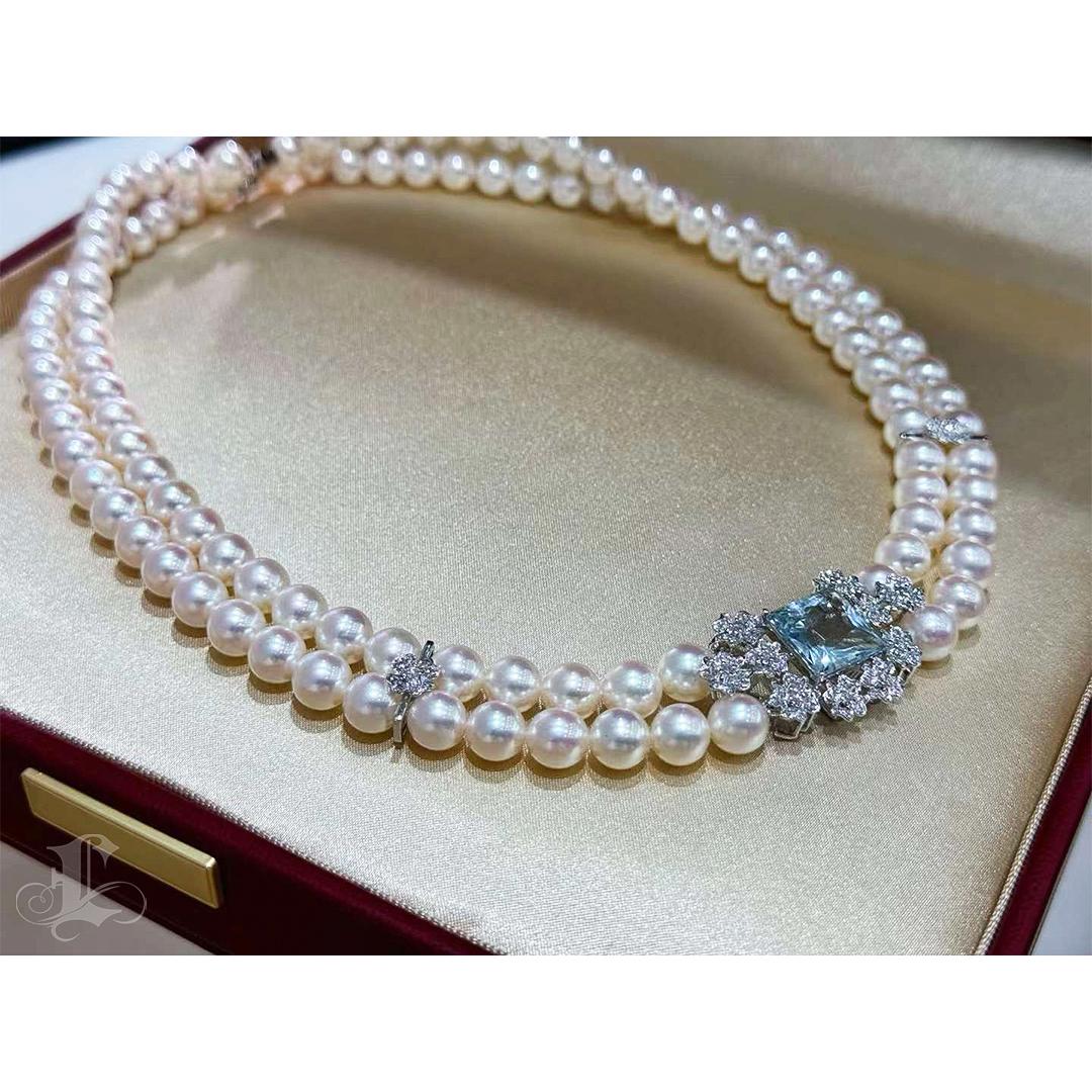 【Crown Radiance】Ocean Akoya Pearl Double-Strand Necklace w/ Aquamarine & Diamond For Sale 6