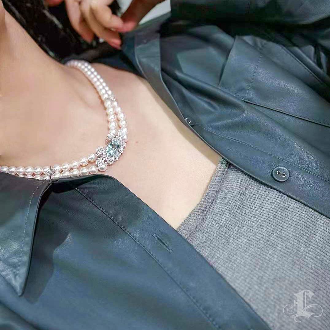 Uncut 【Crown Radiance】Ocean Akoya Pearl Double-Strand Necklace w/ Aquamarine & Diamond For Sale