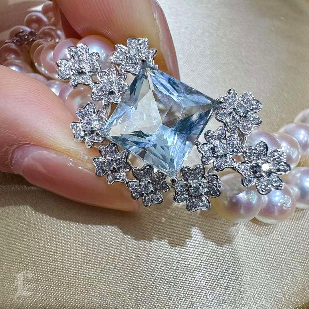 【Crown Radiance】Ocean Akoya Pearl Double-Strand Necklace w/ Aquamarine & Diamond In New Condition For Sale In New York, NY