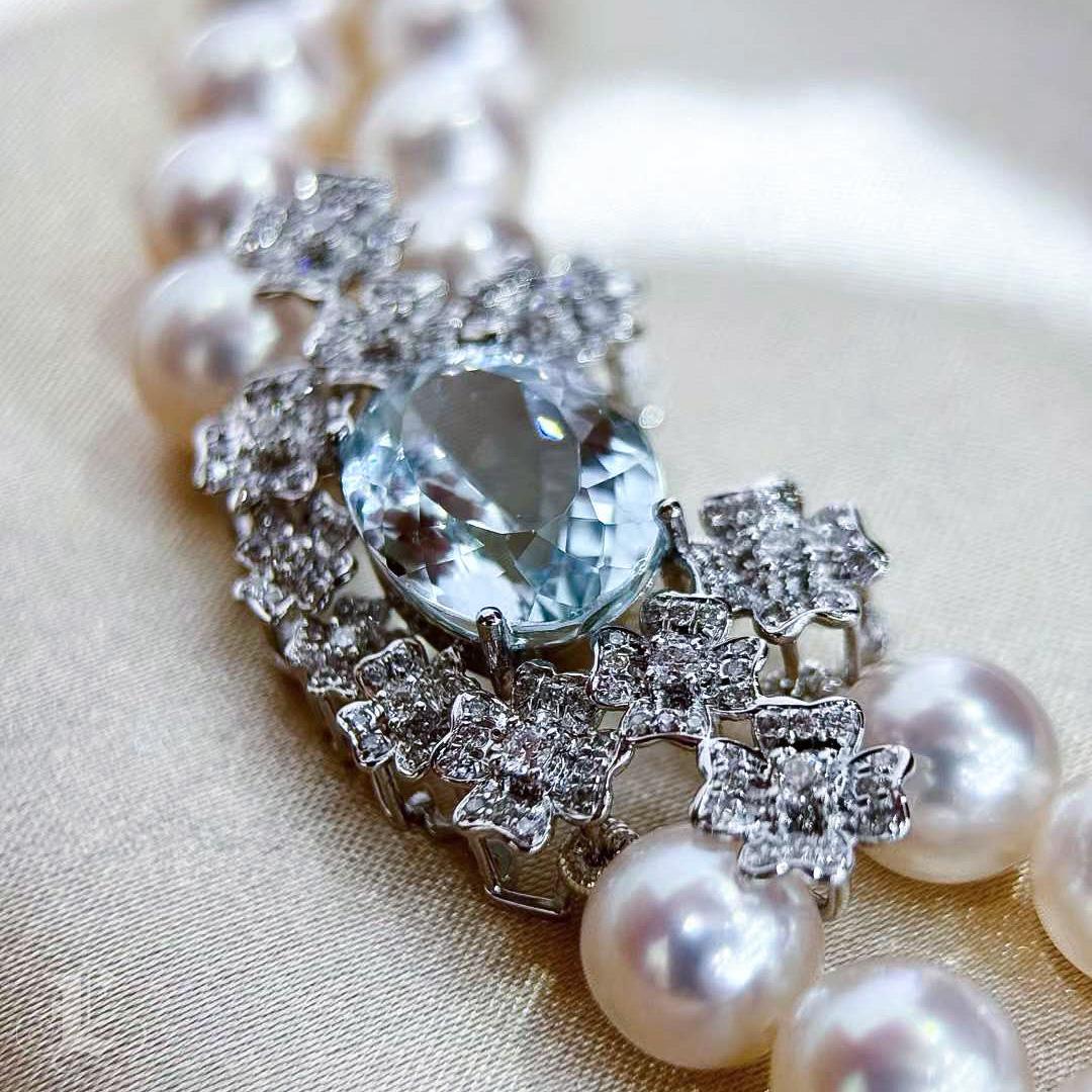 Women's 【Crown Radiance】Ocean Akoya Pearl Double-Strand Necklace w/ Aquamarine & Diamond For Sale
