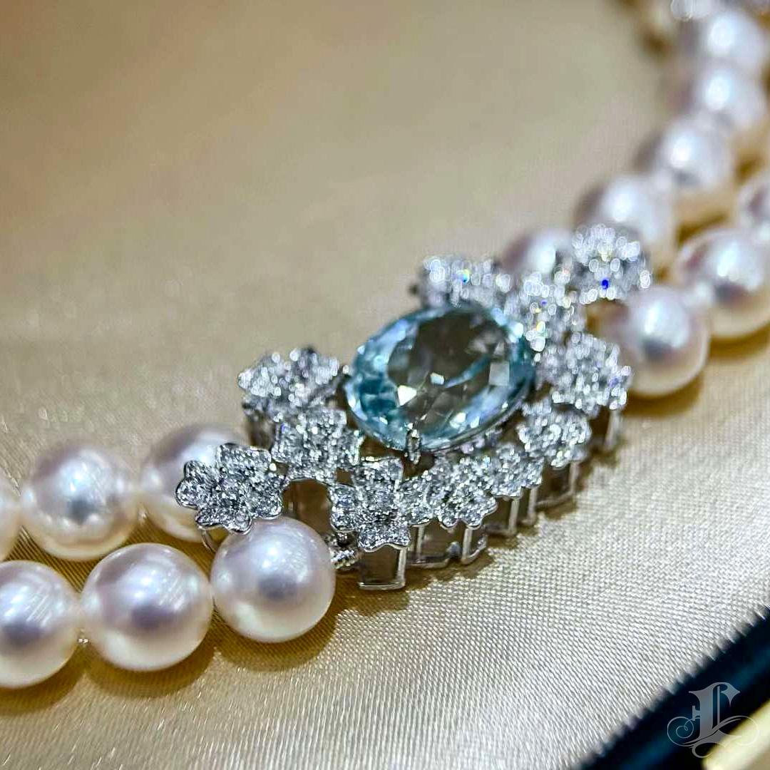 【Crown Radiance】Ocean Akoya Pearl Double-Strand Necklace w/ Aquamarine & Diamond For Sale 1