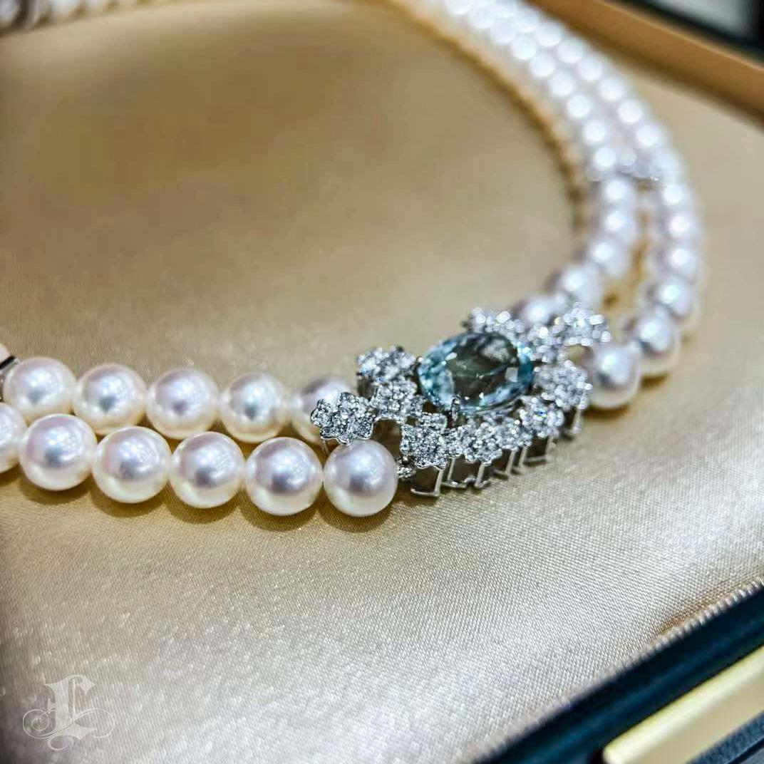 【Crown Radiance】Ocean Akoya Pearl Double-Strand Necklace w/ Aquamarine & Diamond For Sale 2