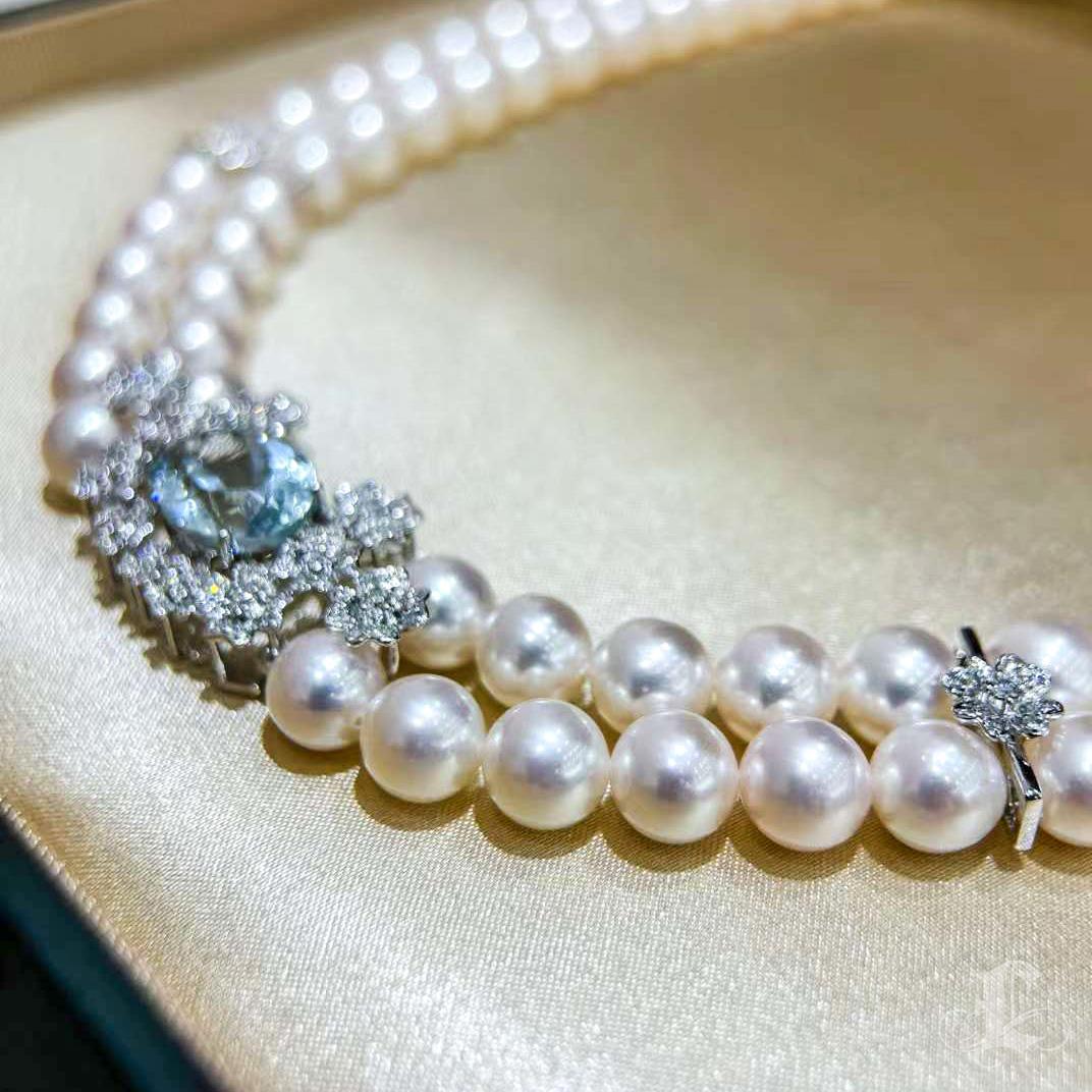 【Crown Radiance】Ocean Akoya Pearl Double-Strand Necklace w/ Aquamarine & Diamond For Sale 3