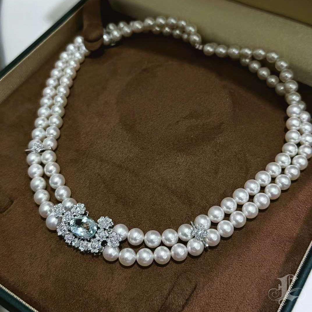 【Crown Radiance】Ocean Akoya Pearl Double-Strand Necklace w/ Aquamarine & Diamond For Sale 4