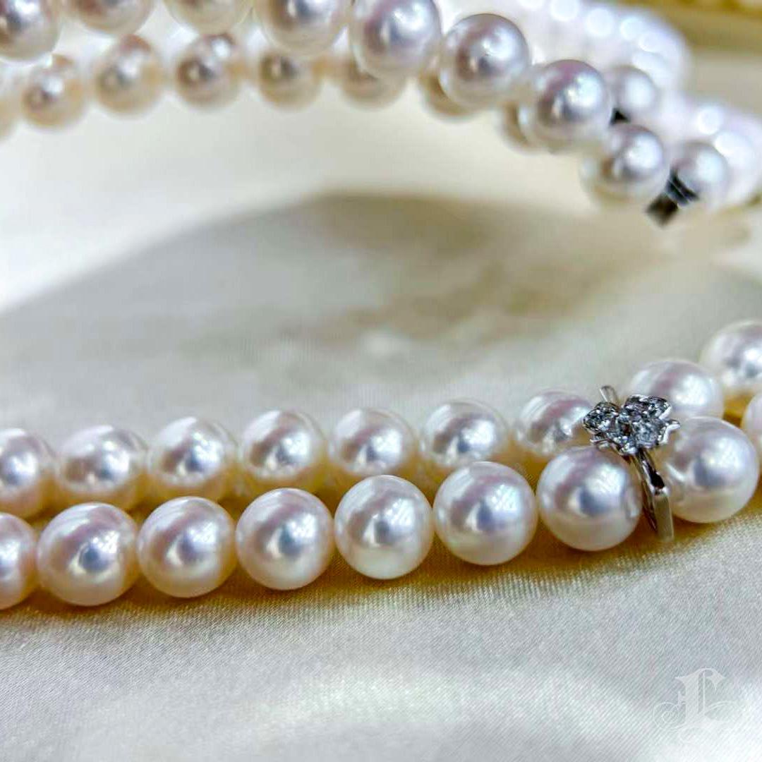【Crown Radiance】Ocean Akoya Pearl Double-Strand Necklace w/ Aquamarine & Diamond For Sale 5
