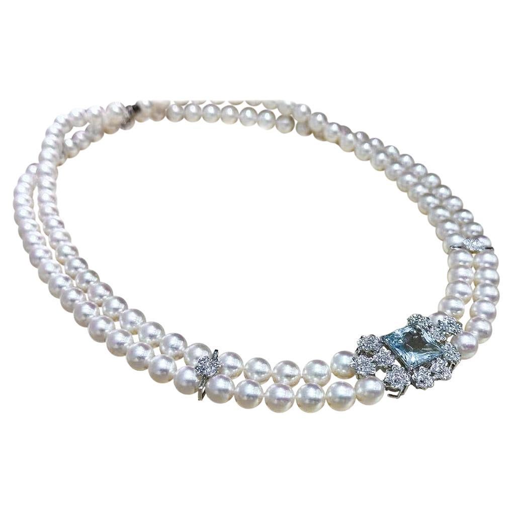 【Crown Radiance】Collar de doble vuelta de perlas Akoya del océano con aguamarina y diamantes