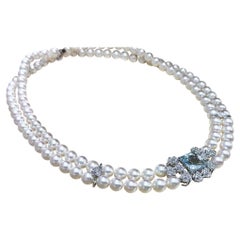 【Crown Radiance】Ocean Akoya Pearl Double-Strand Necklace w/ Aquamarine & Diamond