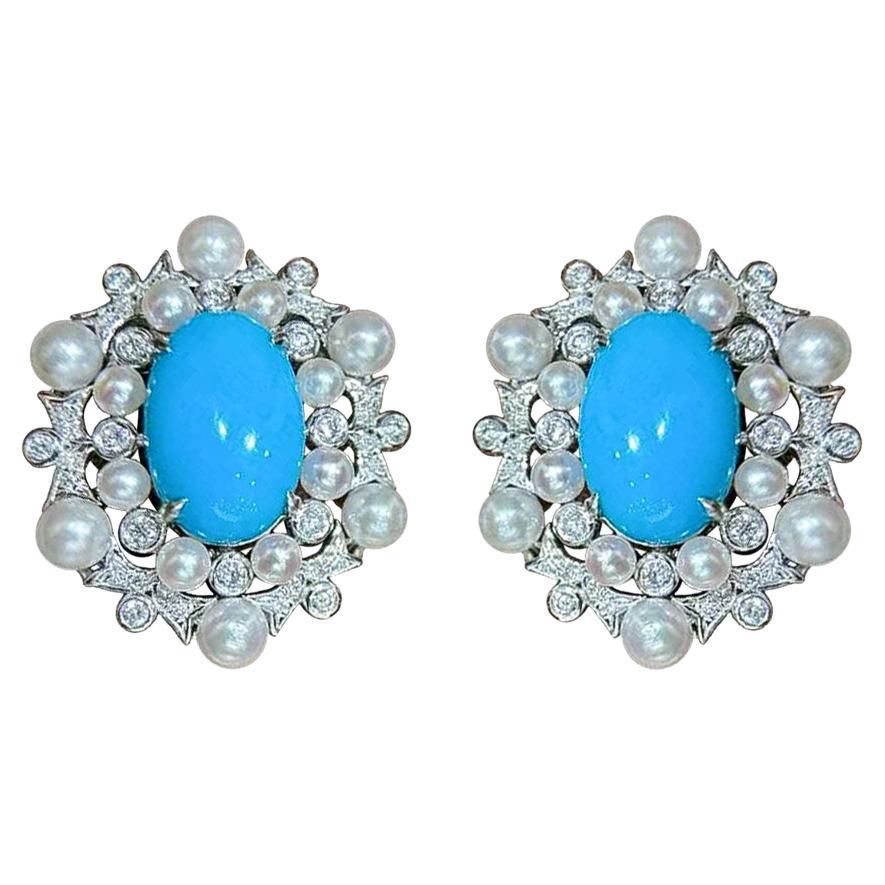 【Caelmare】Starlight Halo Turquoise & Baby Akoya Earrings