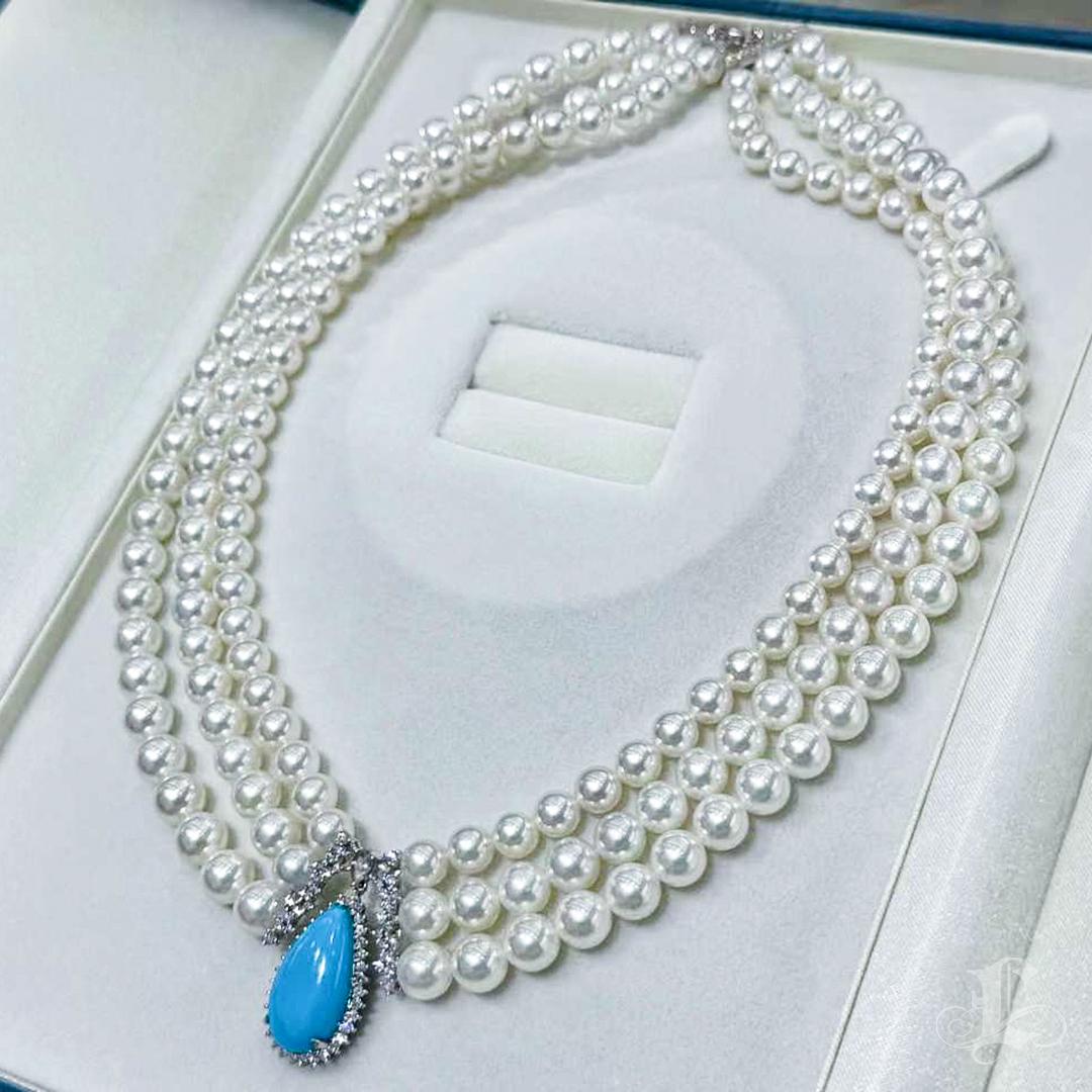 【Caelmare】Ocean Empress Triple Akoya Pearl & Turquoise Necklace For Sale 6