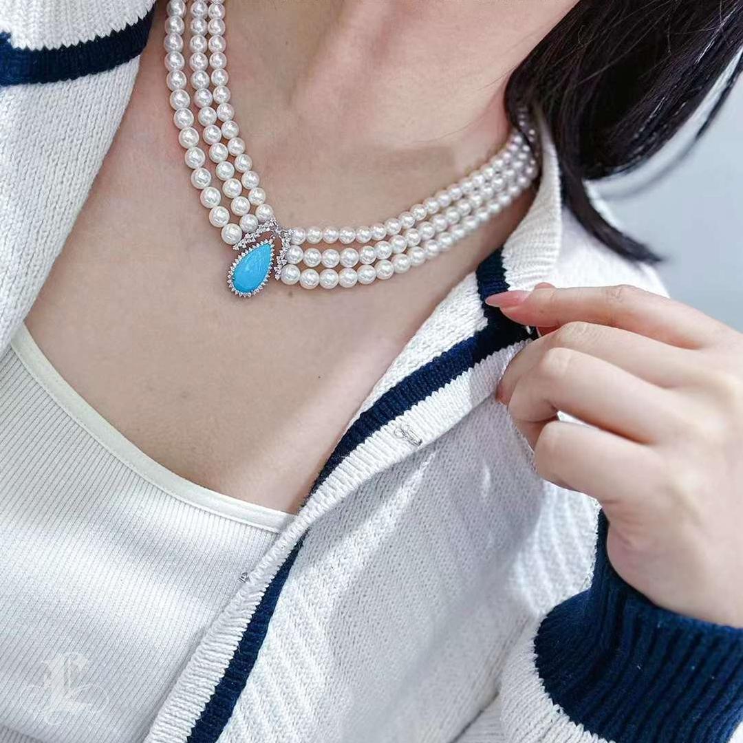Uncut 【Caelmare】Ocean Empress Triple Akoya Pearl & Turquoise Necklace For Sale