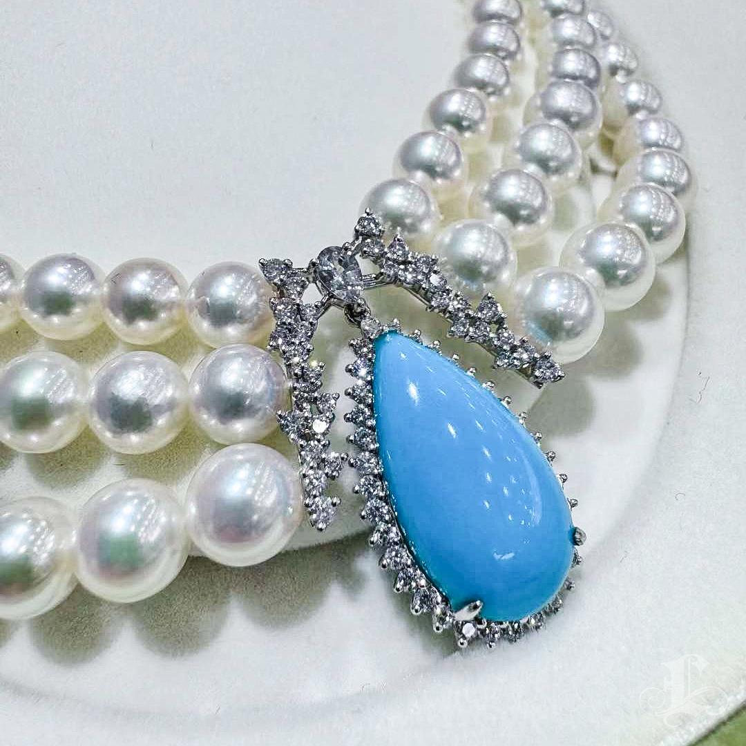 【Caelmare】Ocean Empress Triple Akoya Pearl & Turquoise Necklace For Sale 1