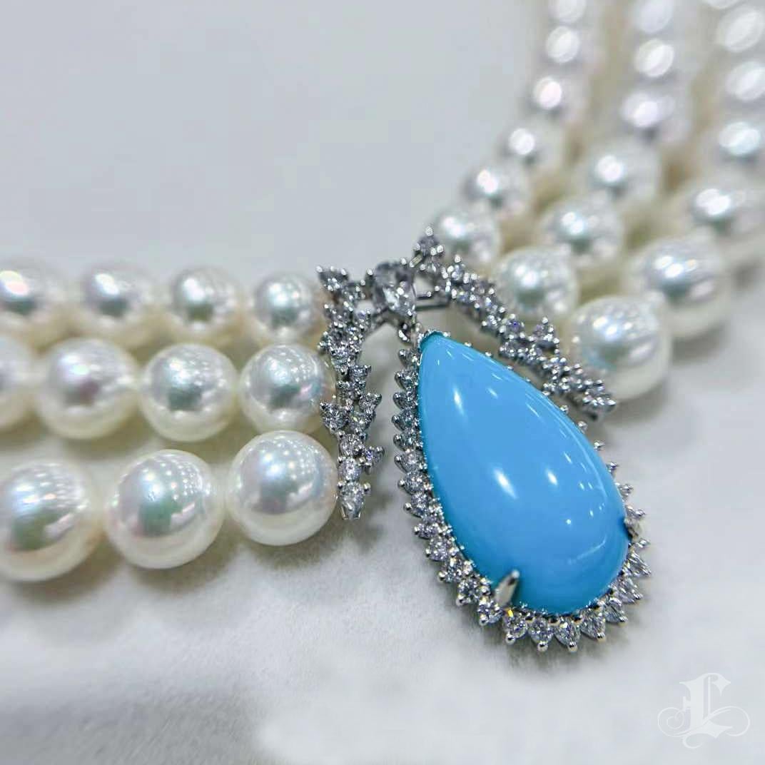 【Caelmare】Ocean Empress Triple Akoya Pearl & Turquoise Necklace For Sale 2