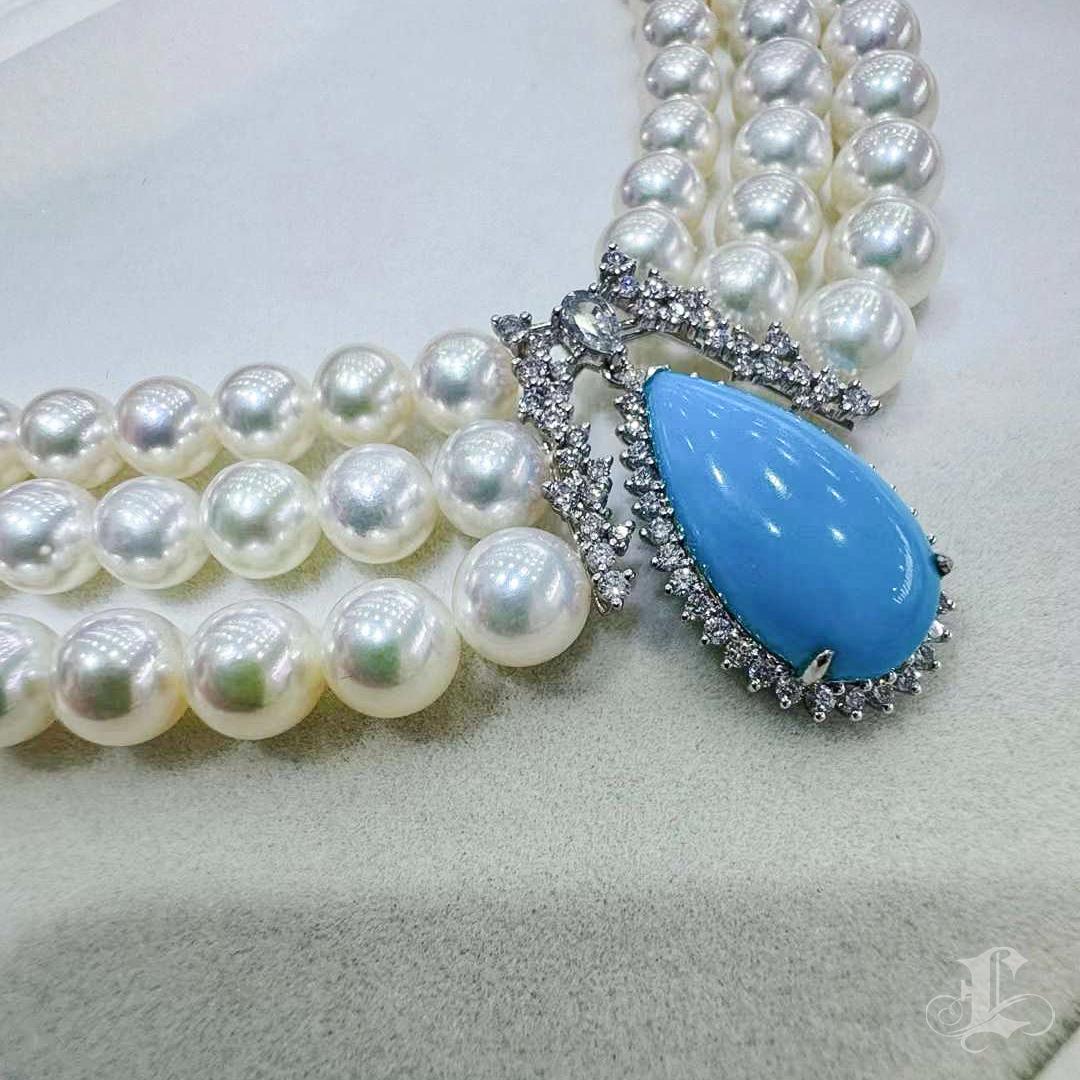 【Caelmare】Ocean Empress Triple Akoya Pearl & Turquoise Necklace For Sale 5
