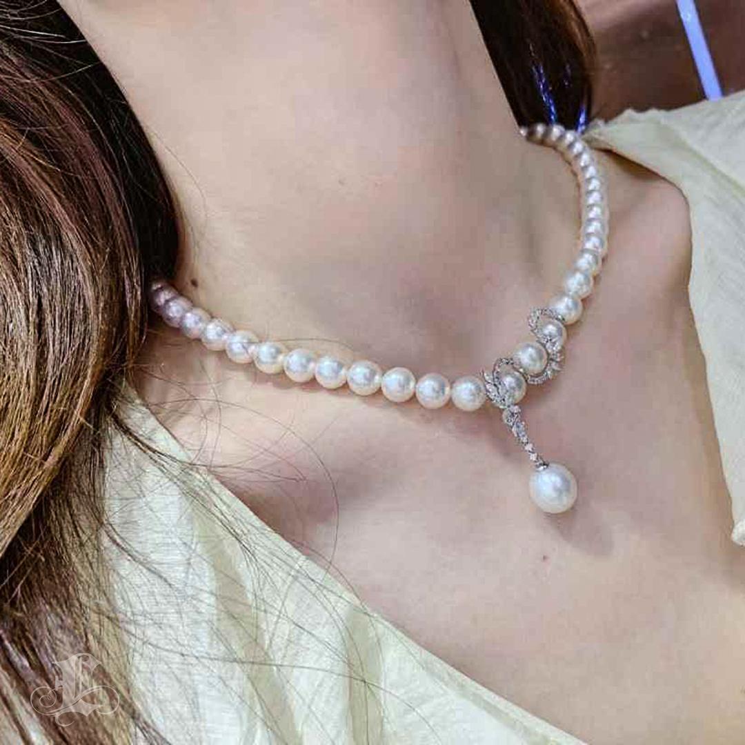 Uncut 【Lustre Arc】PSL Certificate Akoya Pearl Necklace with Drop Line 18K Diamond For Sale