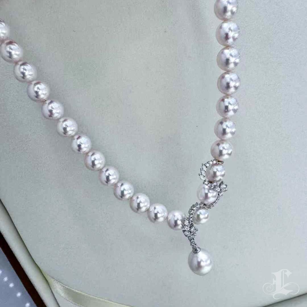 Women's 【Lustre Arc】PSL Certificate Akoya Pearl Necklace with Drop Line 18K Diamond For Sale