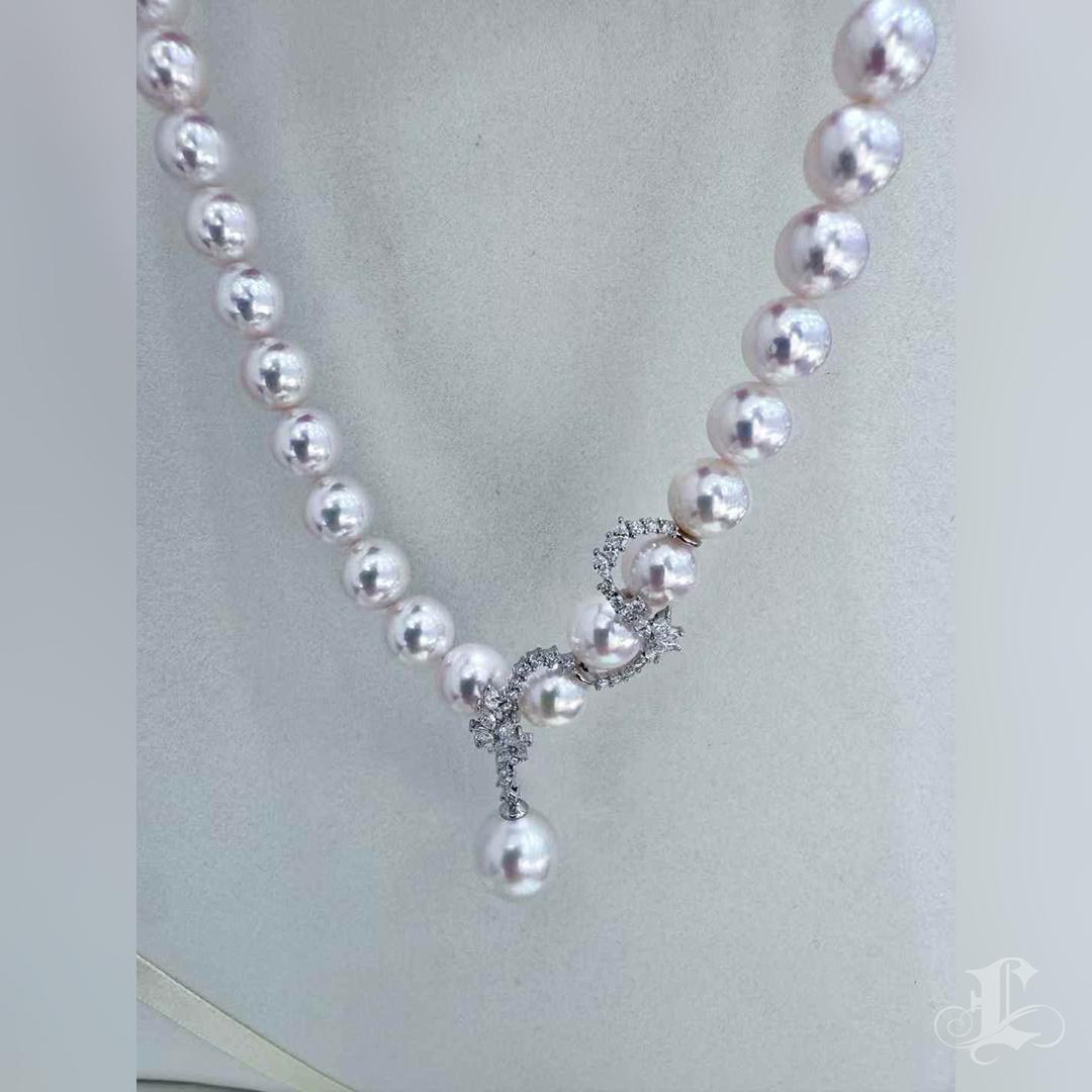 【Lustre Arc】PSL Certificate Akoya Pearl Necklace with Drop Line 18K Diamond For Sale 1
