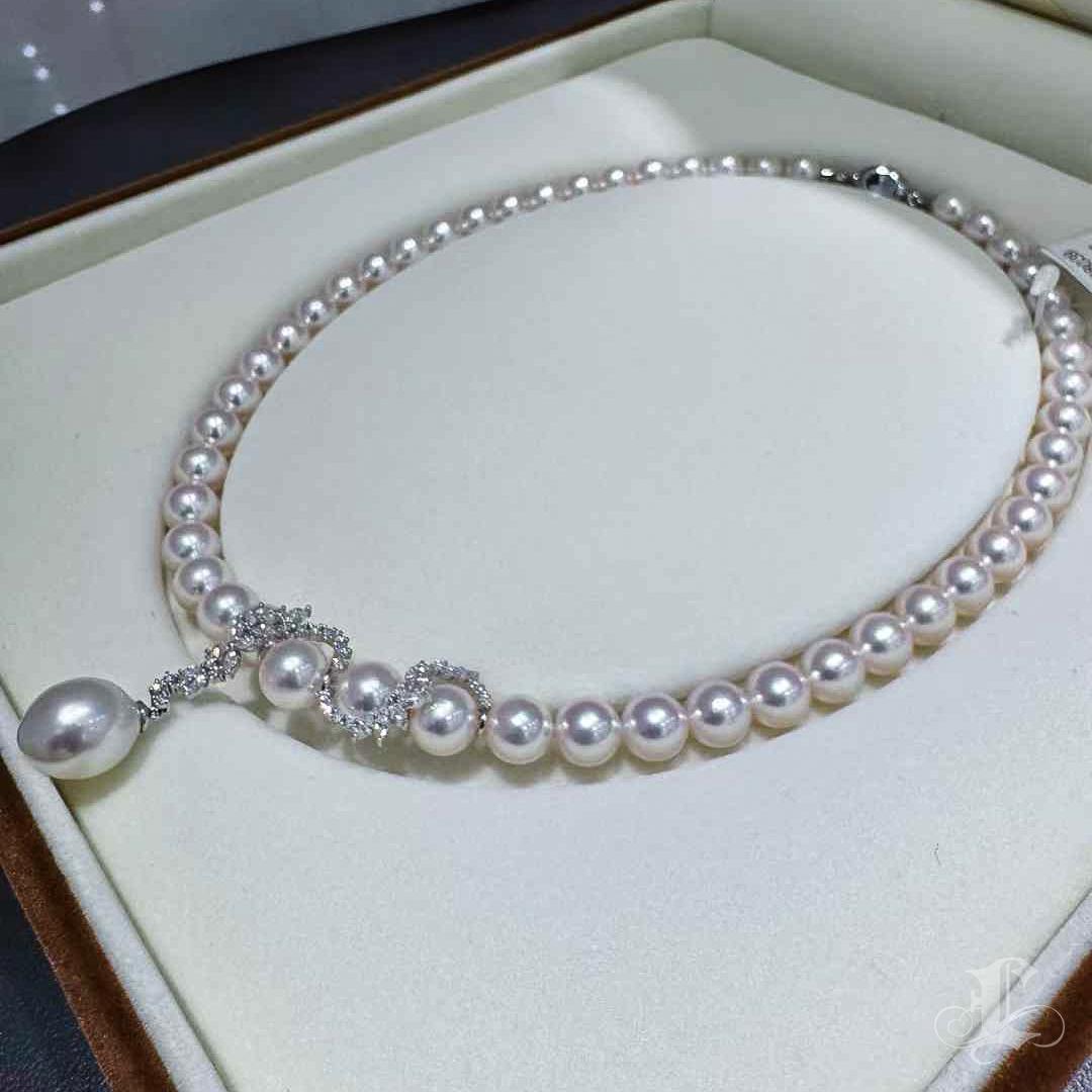 【Lustre Arc】PSL Certificate Akoya Pearl Necklace with Drop Line 18K Diamond For Sale 5