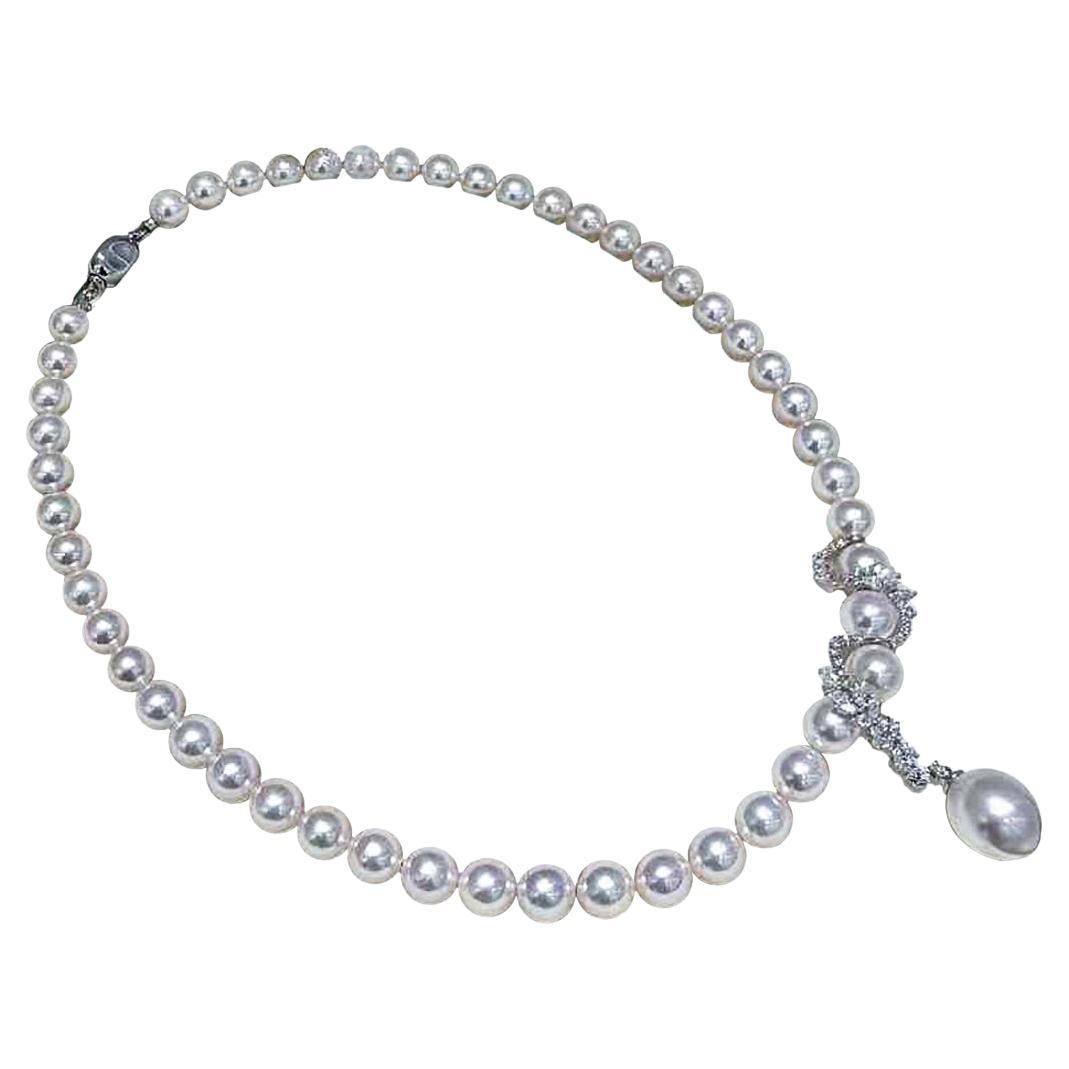 【Lustre Arc】PSL Certificate Akoya Pearl Necklace with Drop Line 18K Diamond
