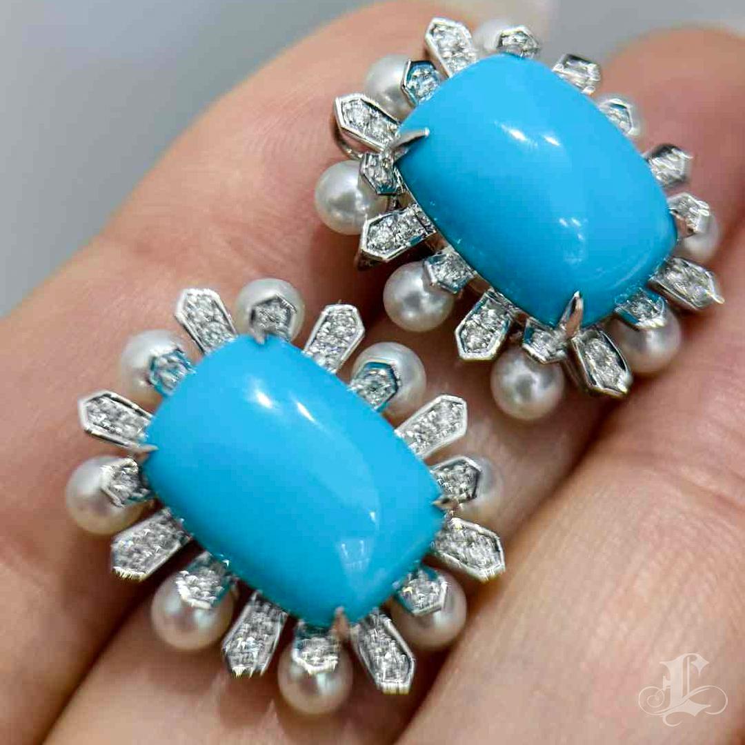 【Caelmare】Starburst Deco Turquoise & Pearl Earrings In New Condition For Sale In New York, NY