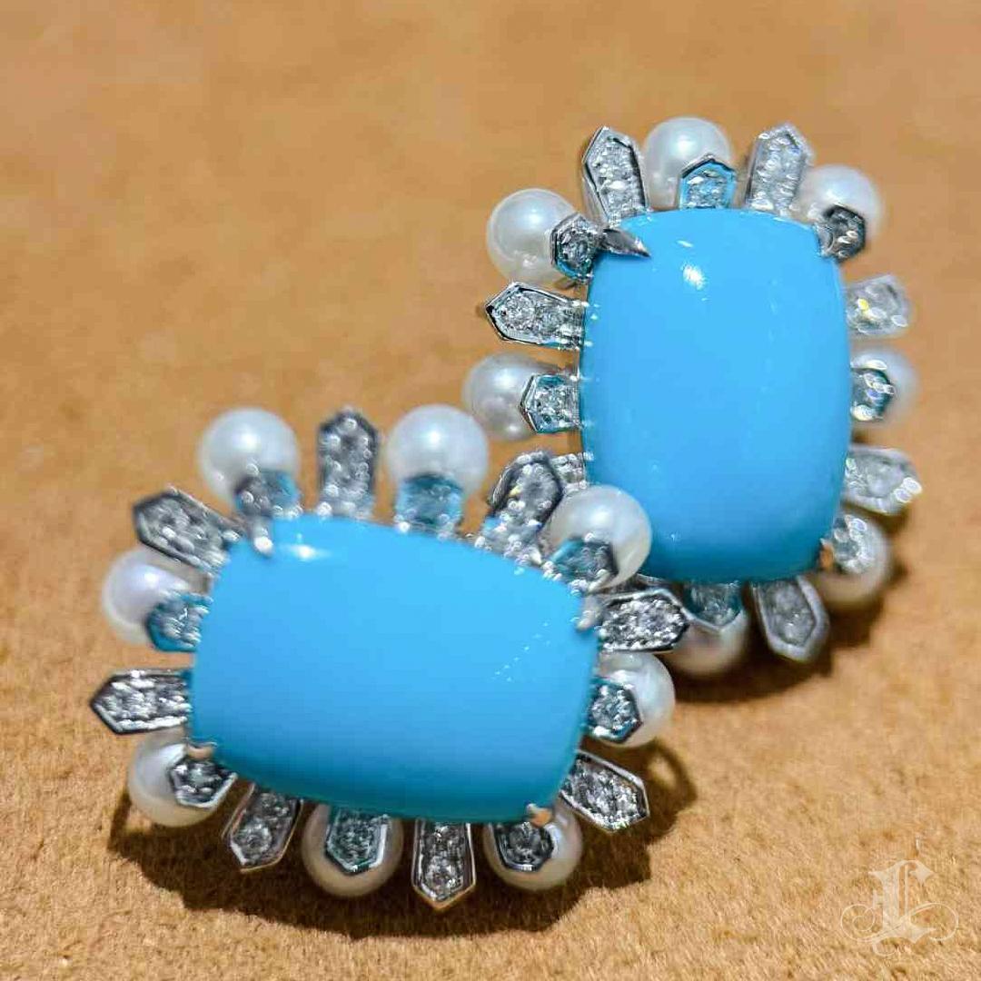 Women's 【Caelmare】Starburst Deco Turquoise & Pearl Earrings For Sale