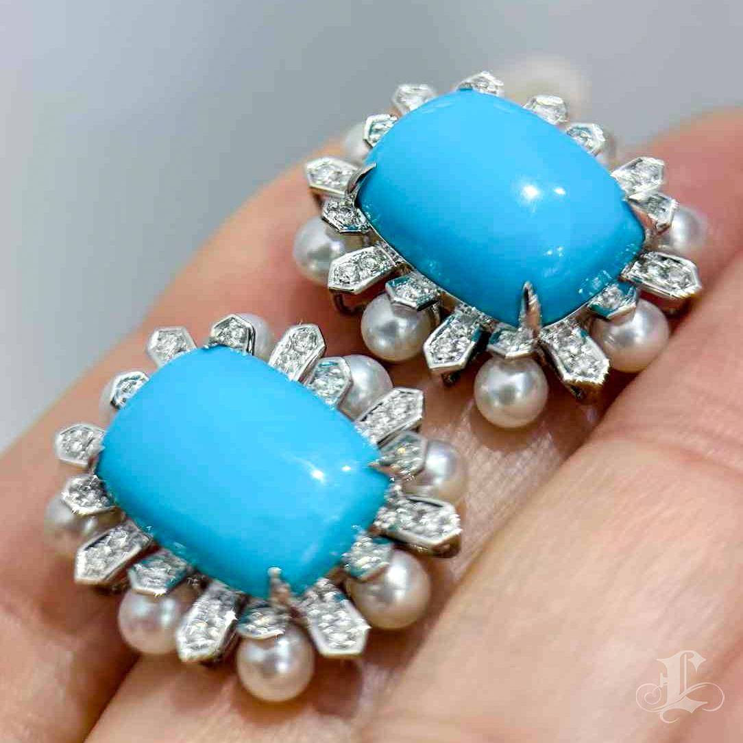 【Caelmare】Starburst Deco Turquoise & Pearl Earrings For Sale 1