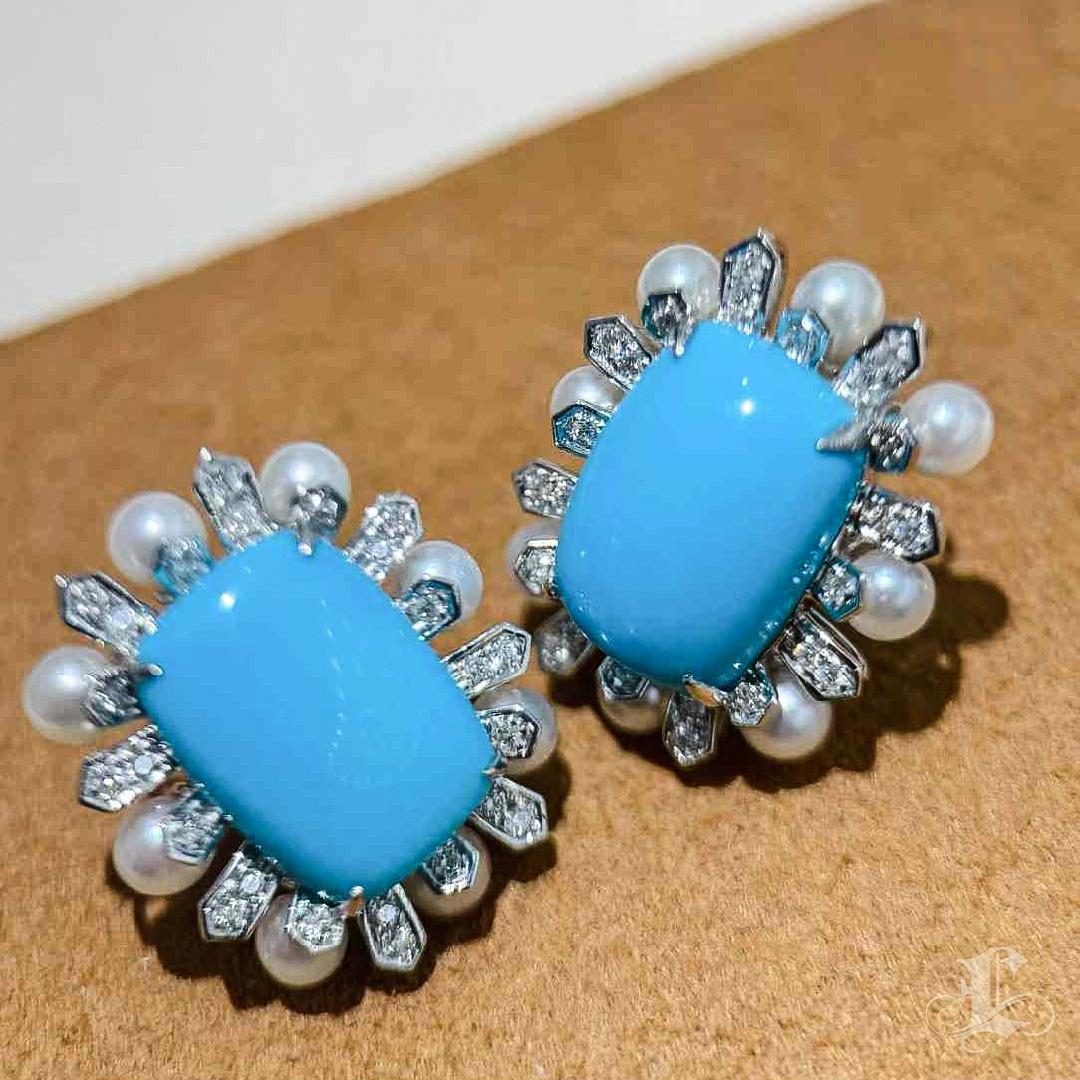 【Caelmare】Starburst Deco Turquoise & Pearl Earrings For Sale 2