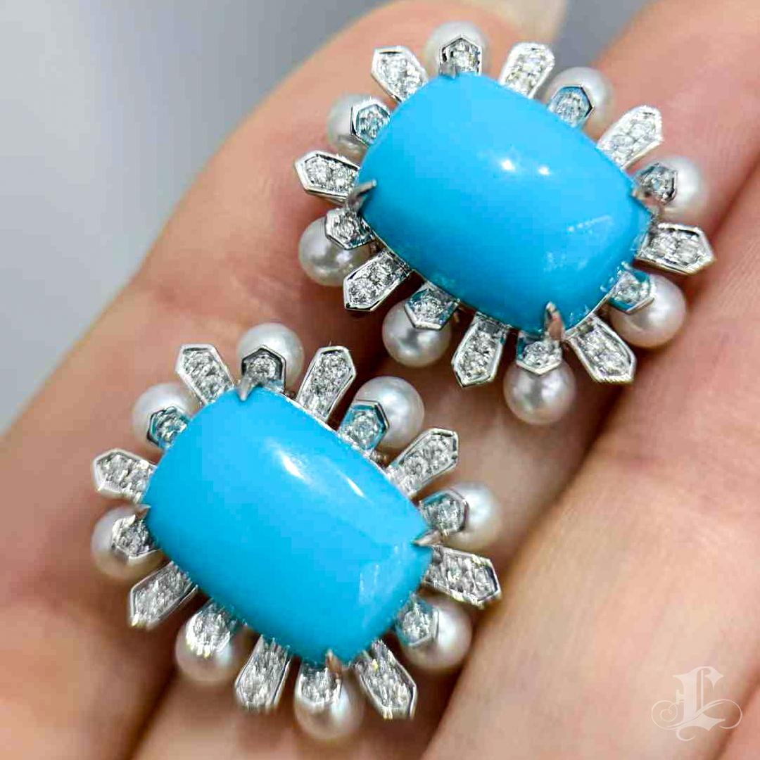 【Caelmare】Starburst Deco Turquoise & Pearl Earrings For Sale 3