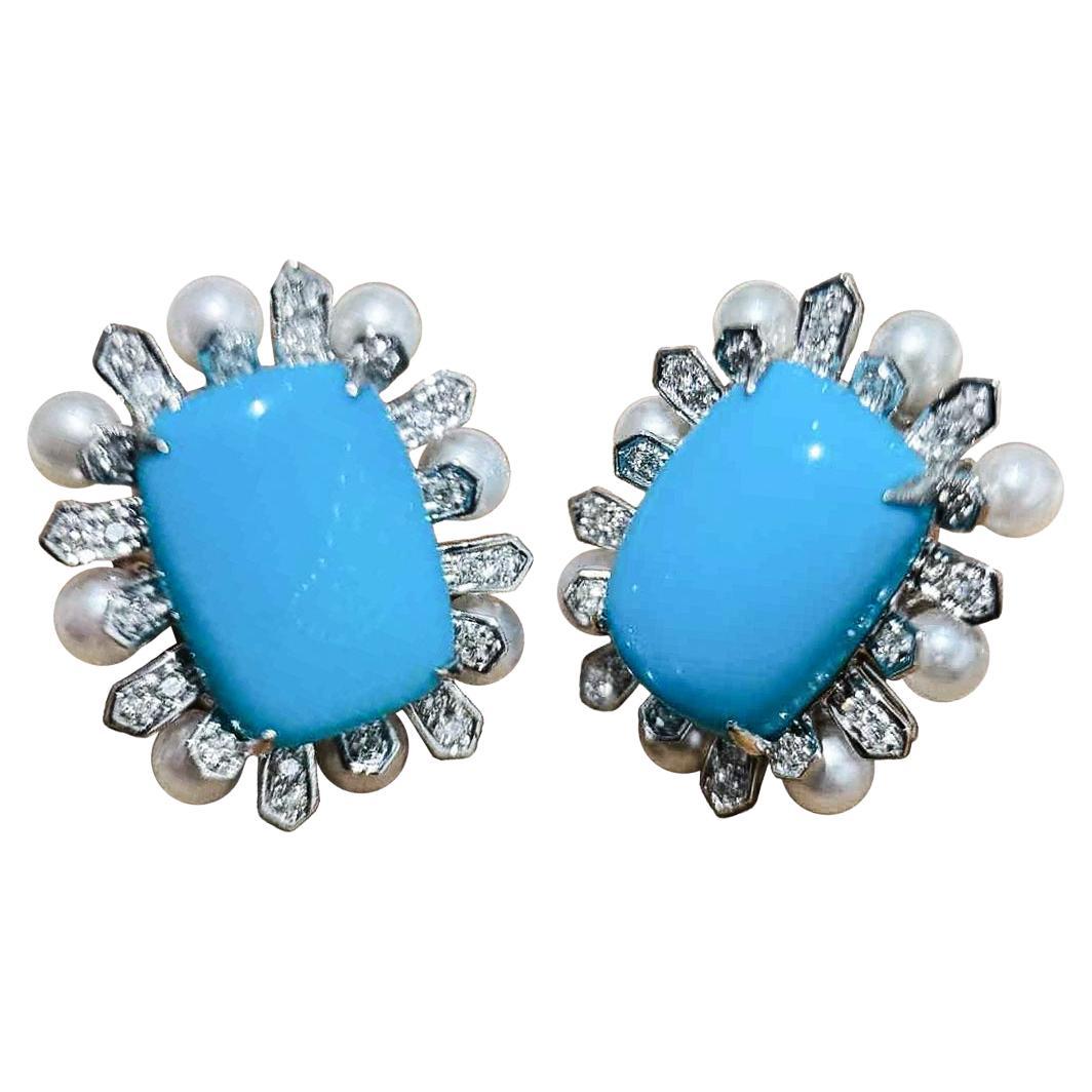 【Caelmare】Starburst Deco Turquoise & Pearl Earrings
