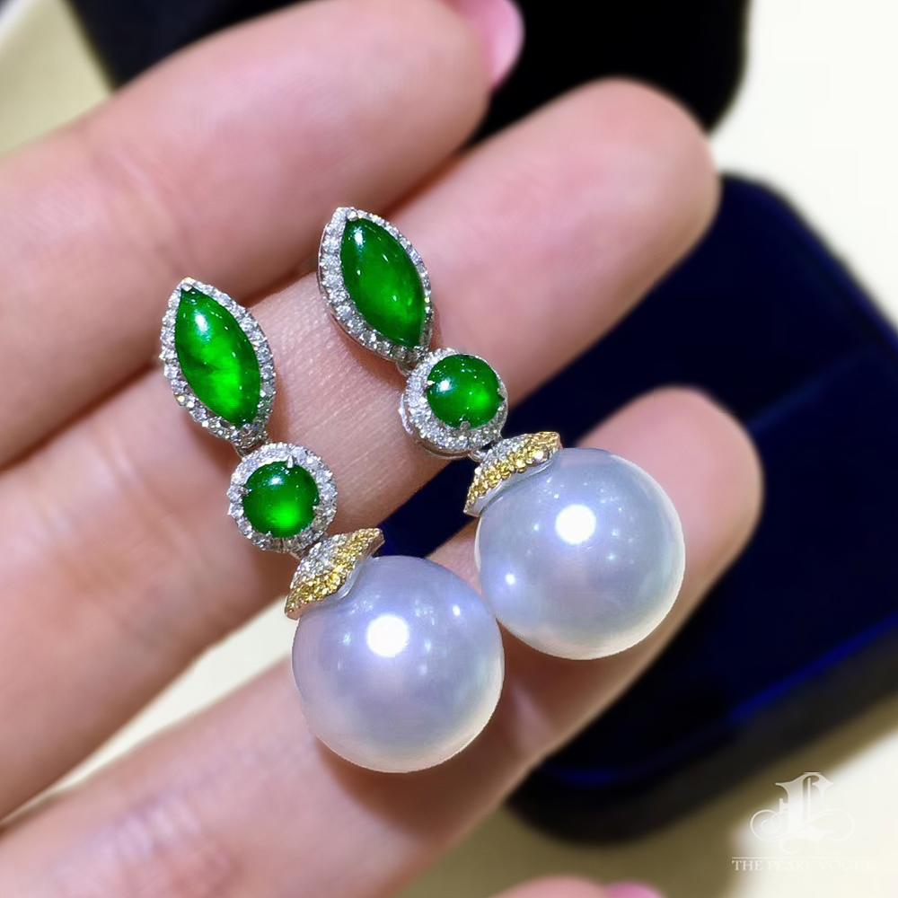 Women's 【Jādora】Imperial Glow Jade & South Sea Pearl Gala Earrings For Sale