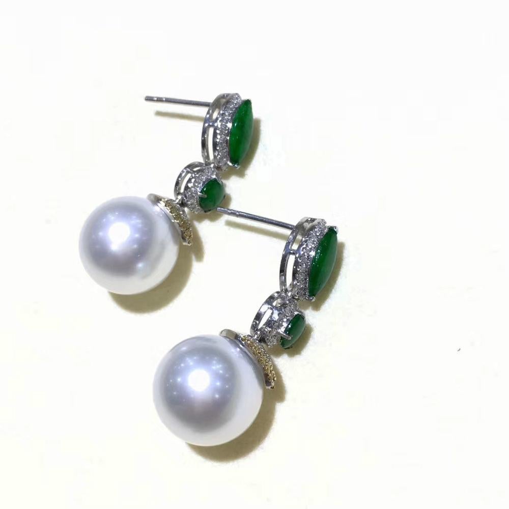 【Jādora】Imperial Glow Jade & South Sea Pearl Gala Earrings For Sale 1