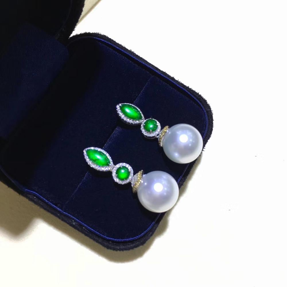 【Jādora】Imperial Glow Jade & South Sea Pearl Gala Earrings For Sale 4