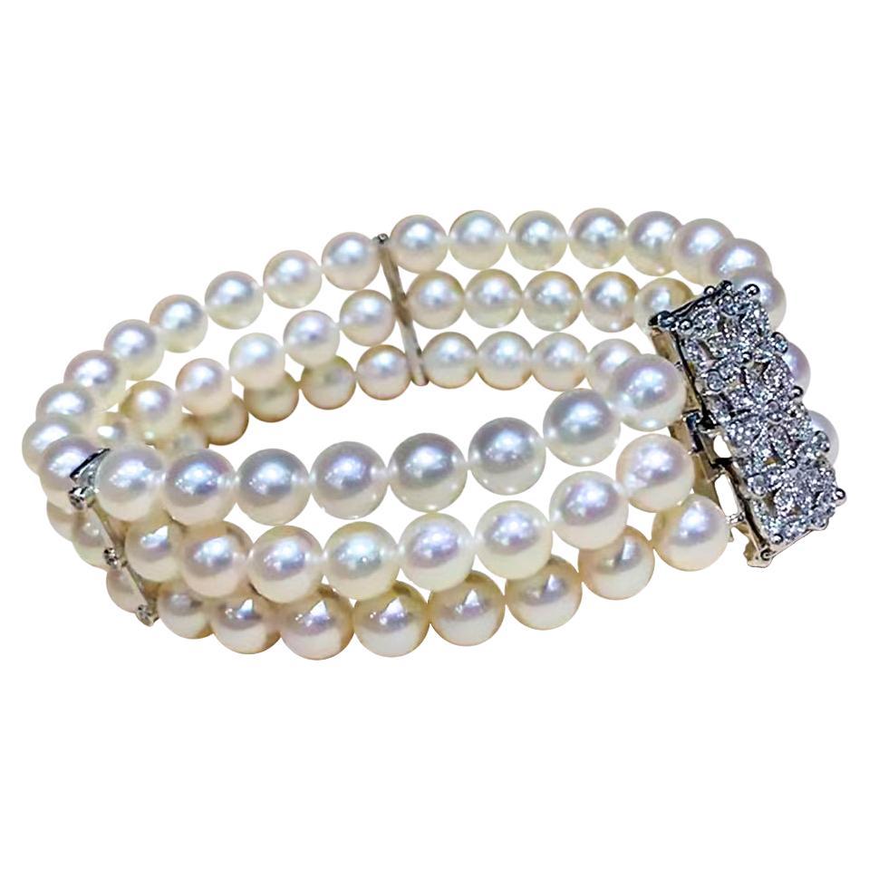 【Sculpted Geometry】Vintage Clasp Akoya Pearl Triple-Strand Diamond Bracelet