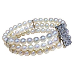 【Sculpted Geometry】Vintage Clasp Akoya Pearl Triple-Strand Diamond Bracelet
